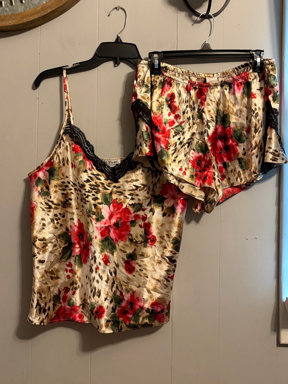Linea Donatella Red Floral Satin Cami & Shorts Set on Cream